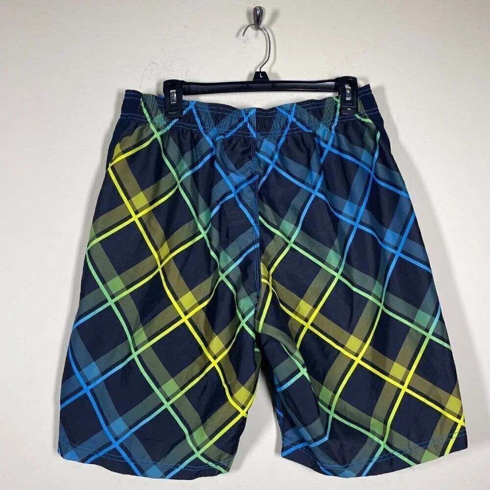 Speedo Men's Blue Black Green Plaid Swim Trunks Beach Summer Medium!